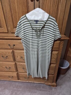 American Living Olive & White Striped Lace-Up Tee Dress